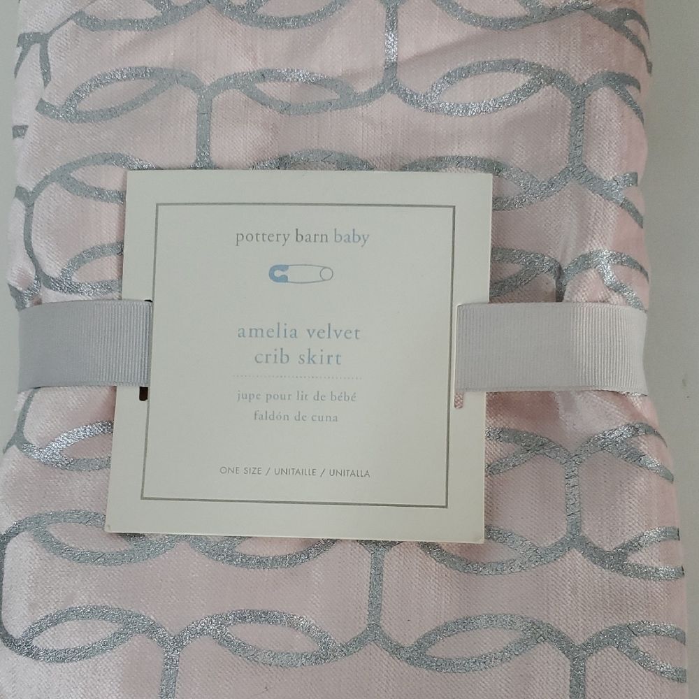 Pottery Barn Baby Amelia Pink and Silver Velvet Crib Skirt NWT